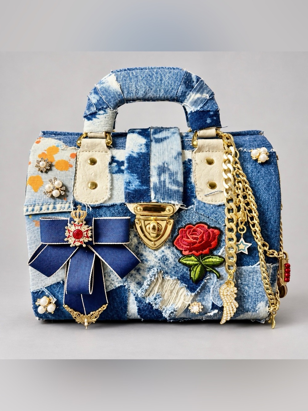 Up cycled Denim Embellished Women’s Handbag with Gold Chain and Red Rose